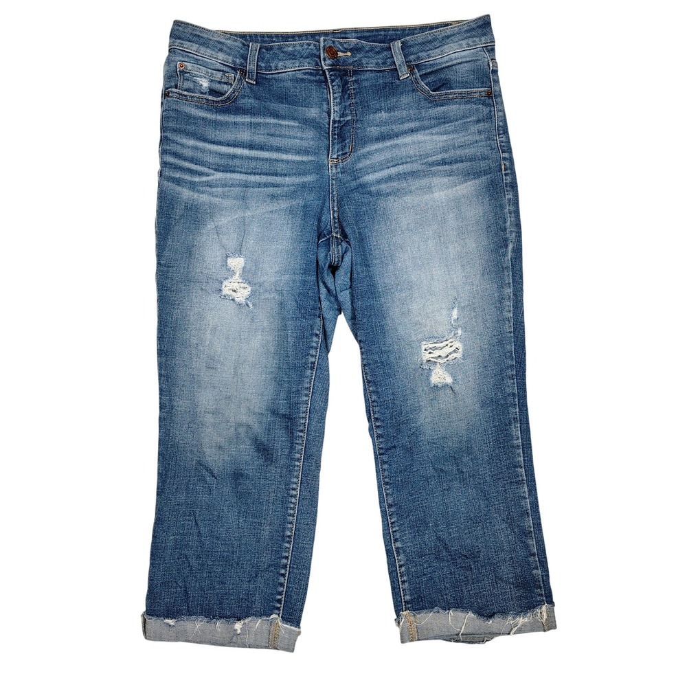 Time and Tru Cropped Jeans Womens 14 Blue Distressed Raw Hem Denim Cotton Blend